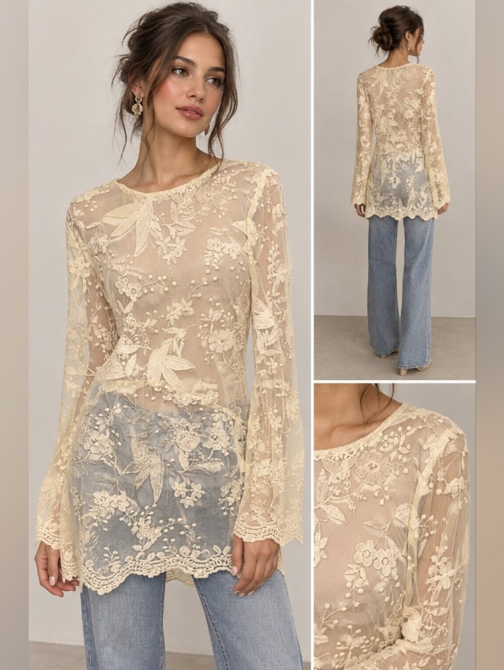 Aqua Pale Cream Floral Lace Long-Sleeve Tunic
